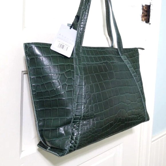 NEW Assots London AGNES Forest Green Croc 100% Leather Satchel Handbag Purse Zip - Picture 9 of 12